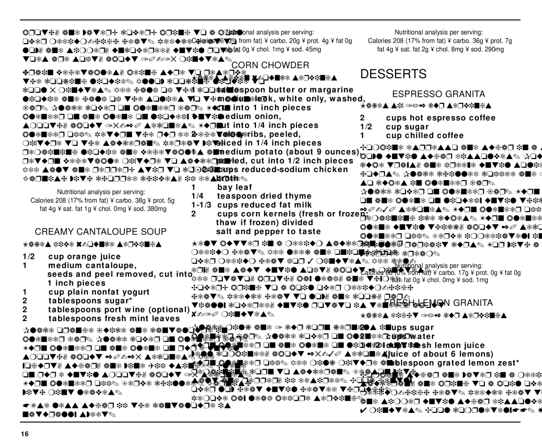 Cuisinart SPB-7 manual Desserts, Creamy Cantaloupe Soup, Corn Chowder, Espresso Granita, Fresh Lemon Granita 