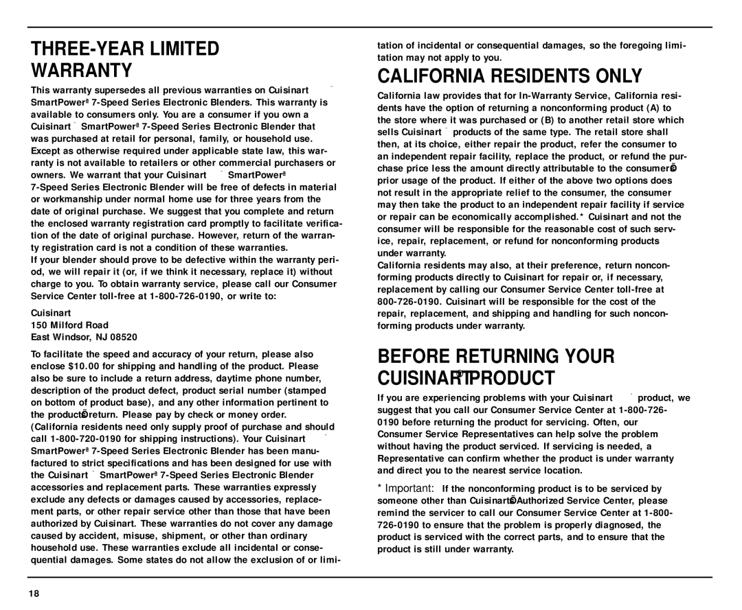 Cuisinart SPB-7 manual THREE-YEAR Limited Warranty, California Residents only, Before Returning Your Cuisinart Product 