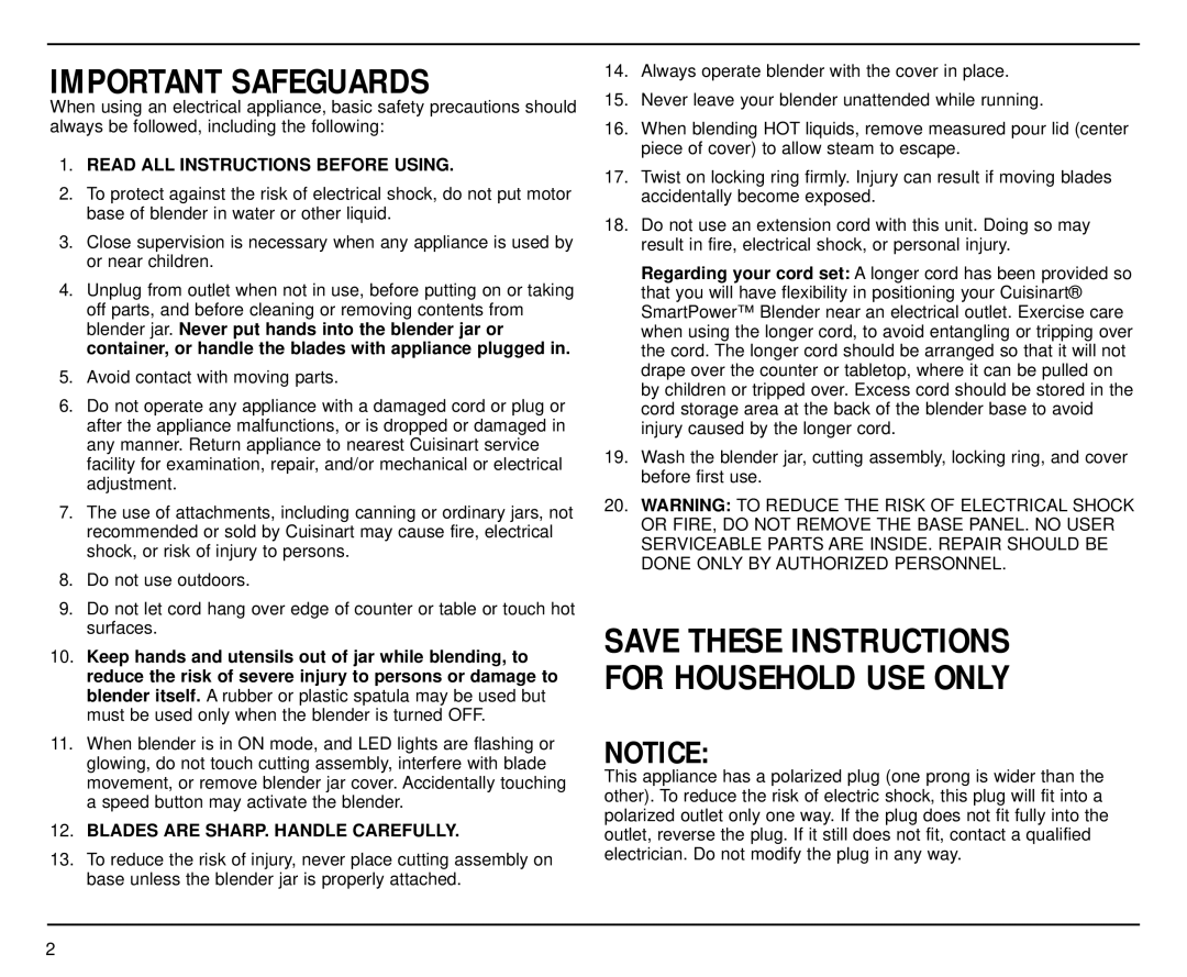 Cuisinart SPB-7 manual Important Safeguards 