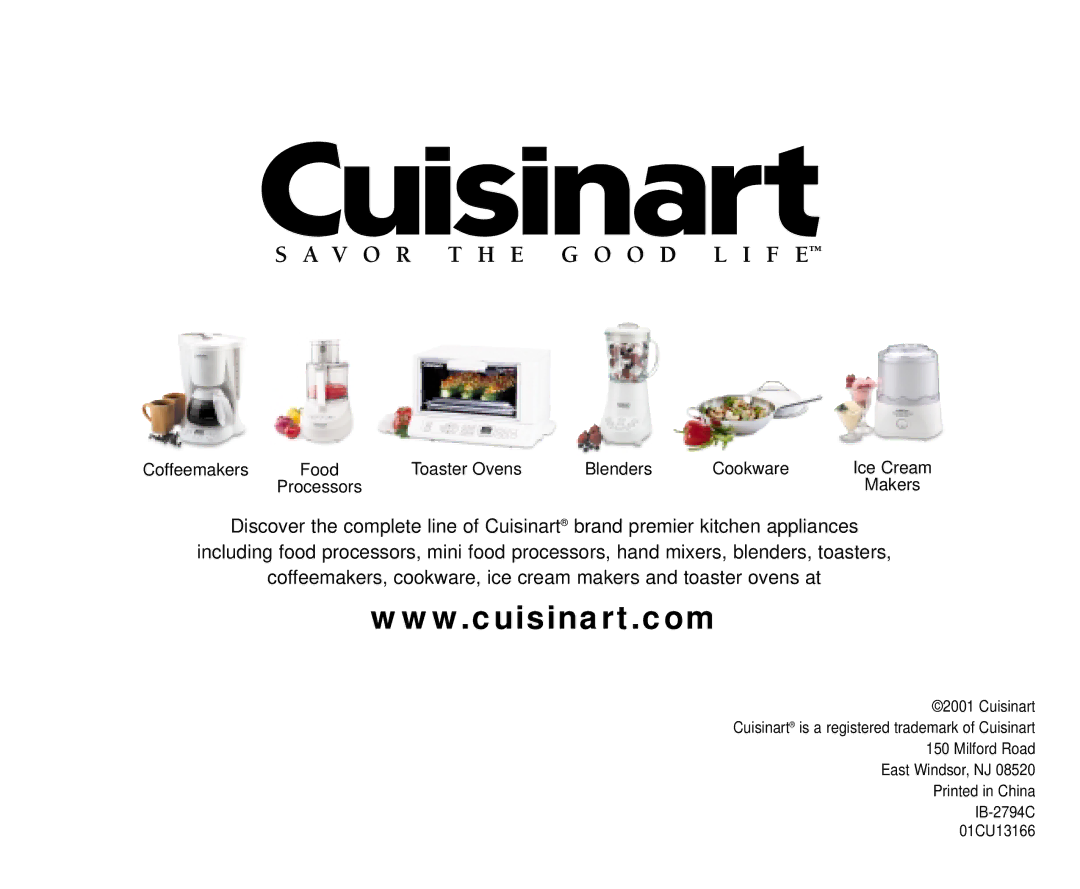 Cuisinart SPB-7 manual Coffeemakers Food Toaster Ovens Blenders Cookware Ice Cream 