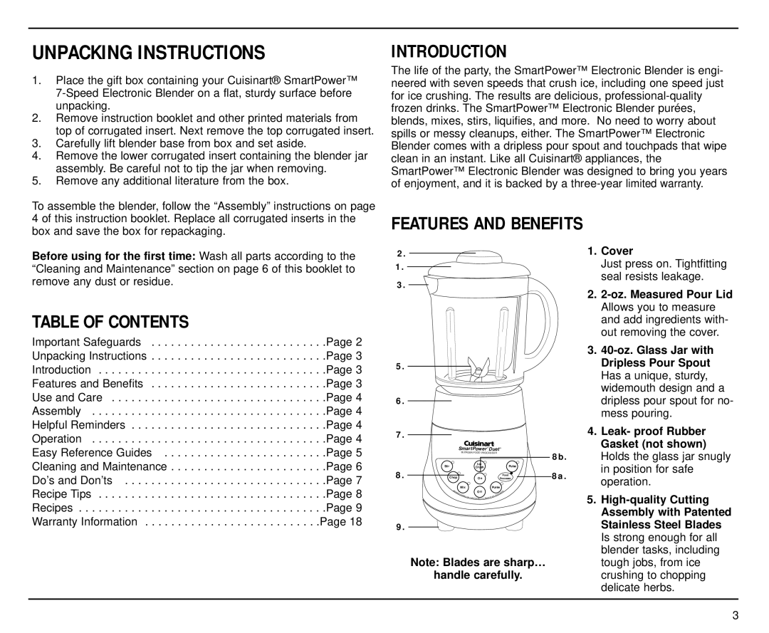 Cuisinart SPB-7 manual Introduction, Features and Benefits, Table of Contents 