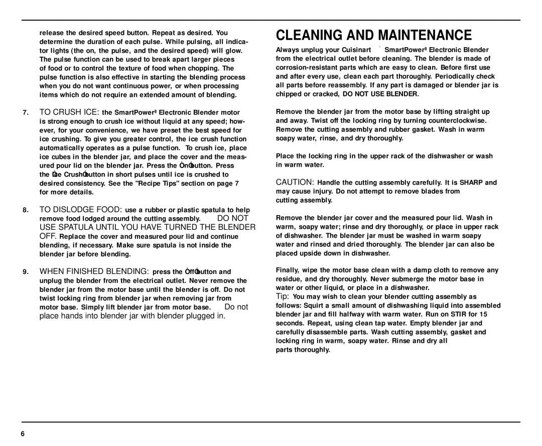 Cuisinart SPB-7 manual Cleaning and Maintenance 