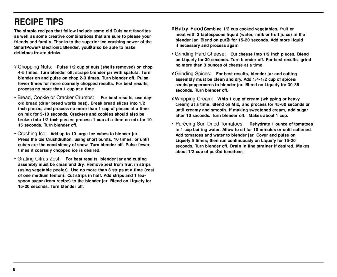 Cuisinart SPB-7 manual Recipe Tips 