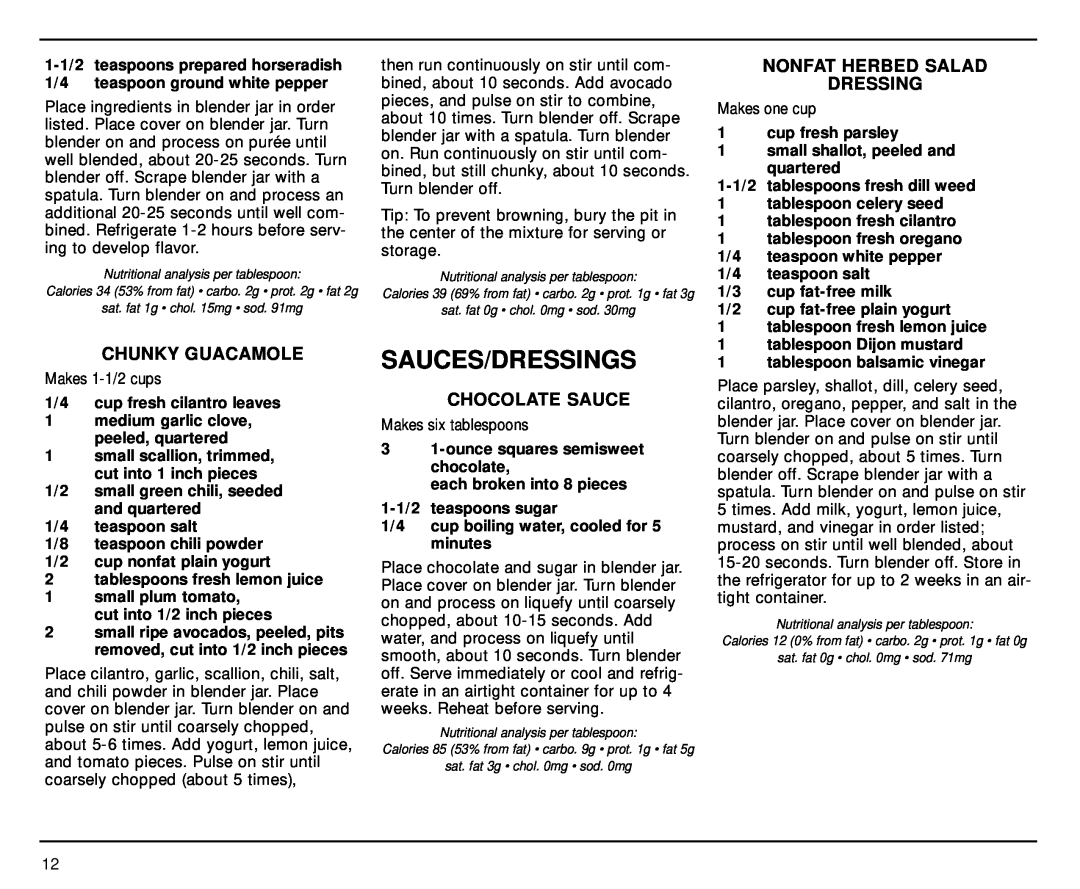 Cuisinart SPB-7 manual Sauces/Dressings, Nonfat Herbed Salad Dressing, Chunky Guacamole, Chocolate Sauce 