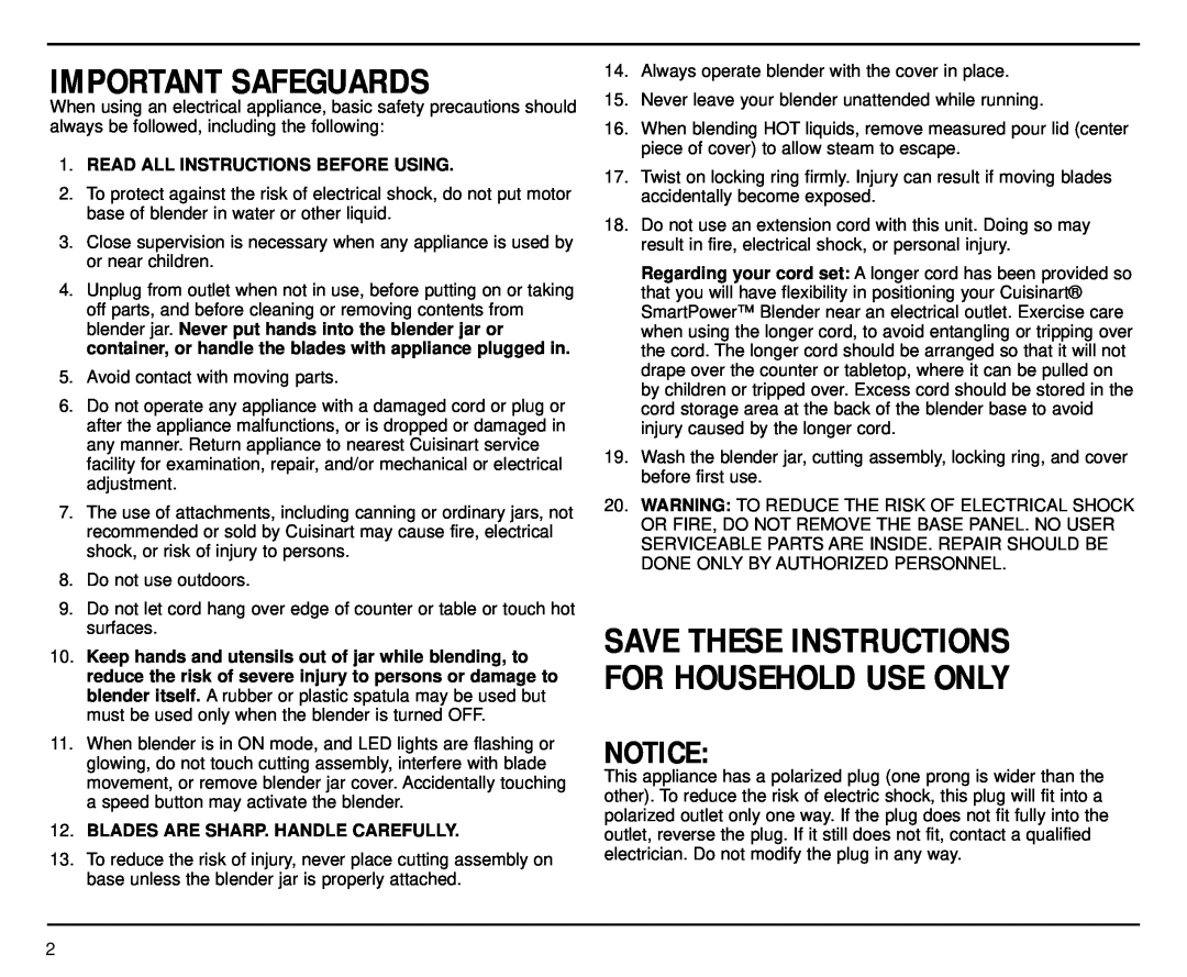 Cuisinart SPB-7 manual Important Safeguards, Save These Instructions For Household Use Only 