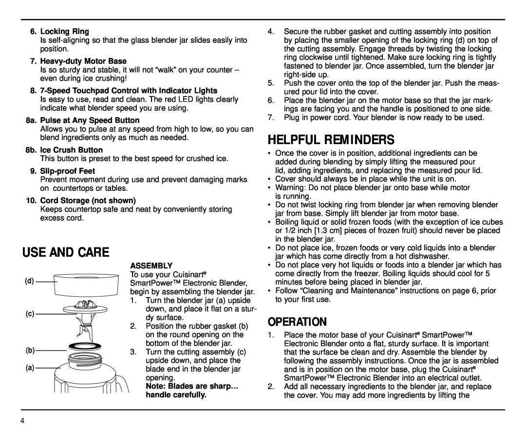 Cuisinart SPB-7 manual Use And Care, Helpful Reminders, Operation 