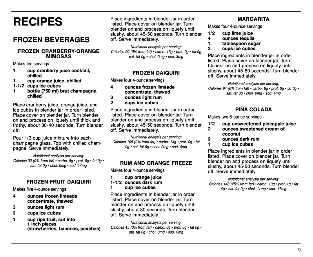 Cuisinart SPB-7 manual Frozen Beverages, Recipes, Frozen Cranberry-Orange Mimosas, Frozen Fruit Daiquiri, Frozen Daiquiri 