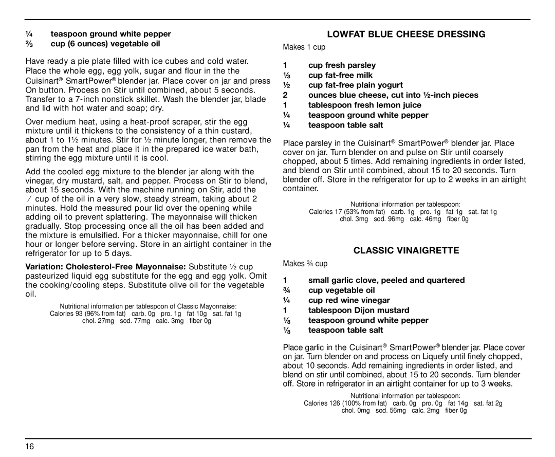 Cuisinart SPB-7CH manual Lowfat Blue Cheese Dressing, Classic Vinaigrette 