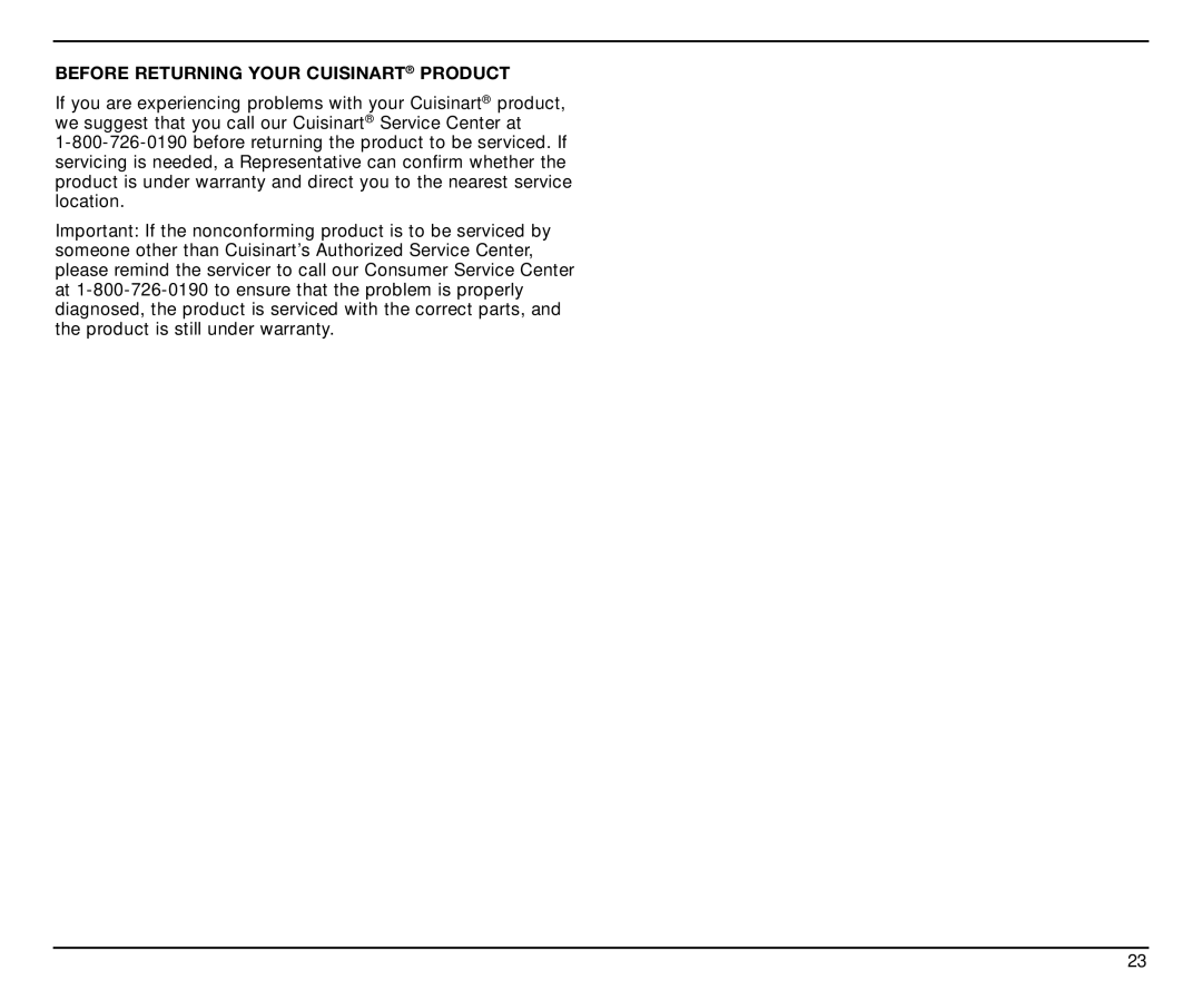 Cuisinart SPB-7CH manual Before Returning Your Cuisinart Product 