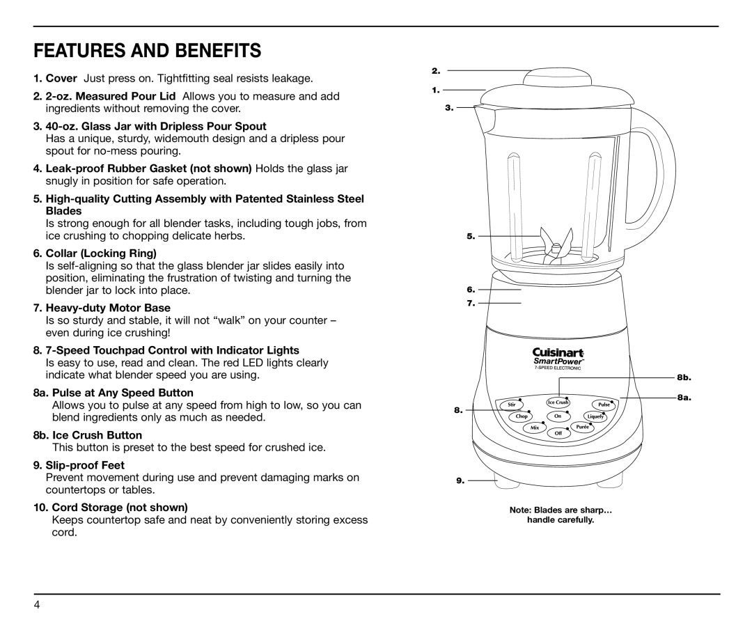 Cuisinart SPB-7CH manual Features and Benefits, Collar Locking Ring 