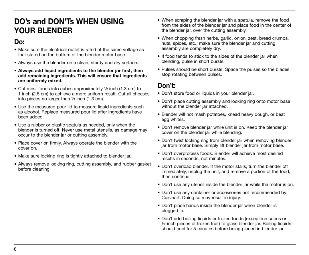 Cuisinart SPB-7CH manual DO’s and DON’Ts When Using Your Blender 