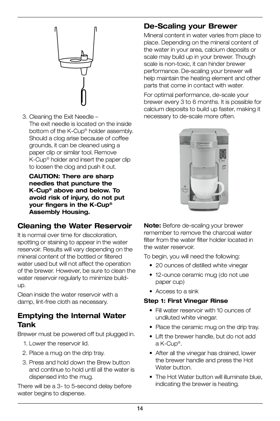 Cuisinart SS-300 manual Cleaning the Water Reservoir, Emptying the Internal Water Tank, De-Scaling your Brewer 