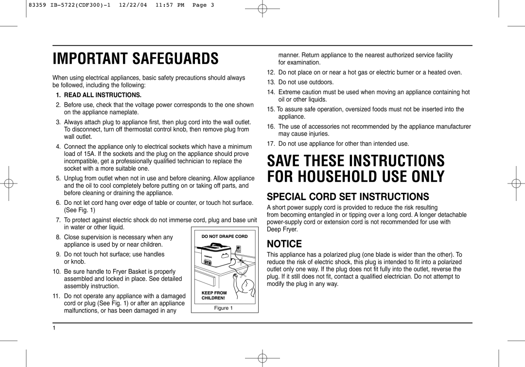 Cuisinart Starlite Electronic Pre-Press System Special Cord SET Instructions, Do not touch hot surface use handles or knob 