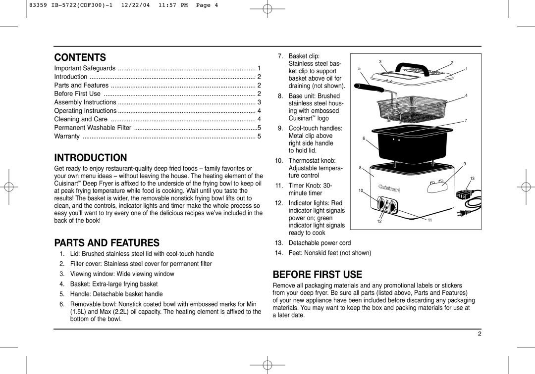 Cuisinart 83359IBB, Starlite Electronic Pre-Press System manual Contents, Introduction, Parts and Features, Before First USE 