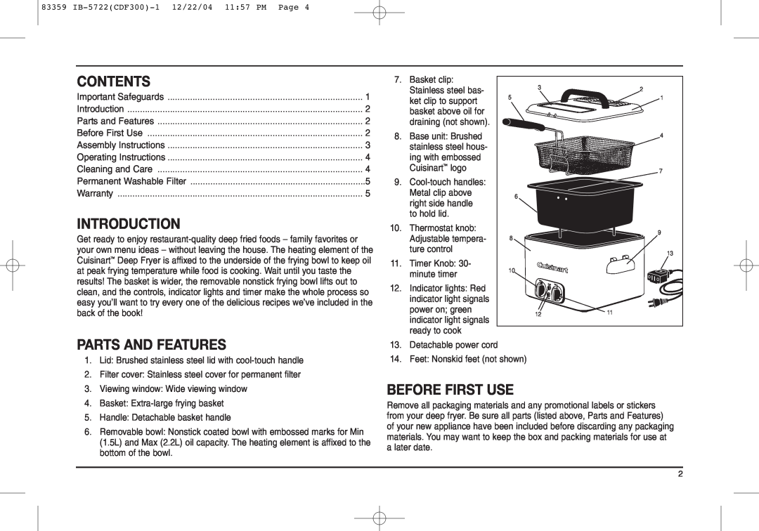 Cuisinart 83359IBB, Starlite Electronic Pre-Press System manual Contents, Introduction, Parts And Features, Before First Use 