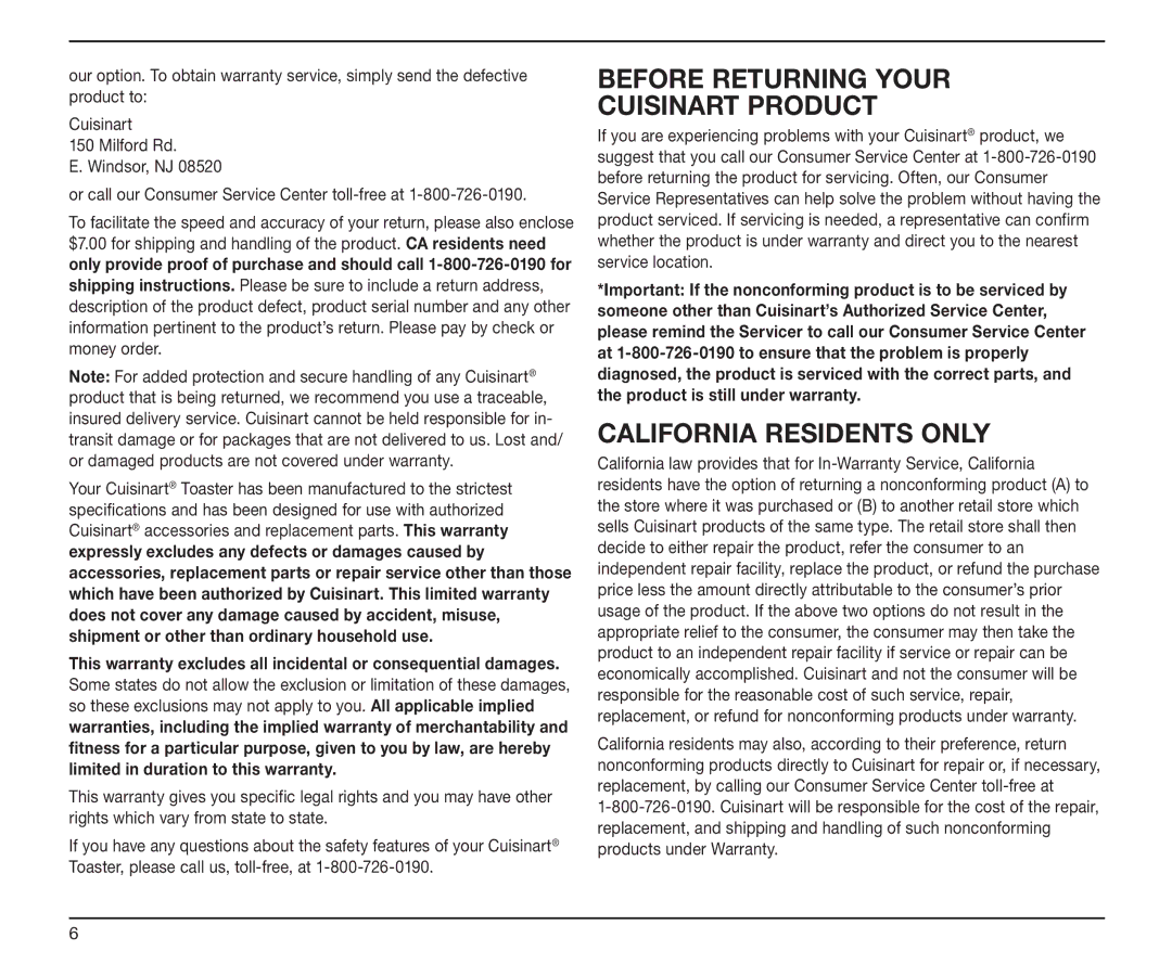 Cuisinart TAN-4 manual Before Returning Your Cuisinart Product, California Residents only 