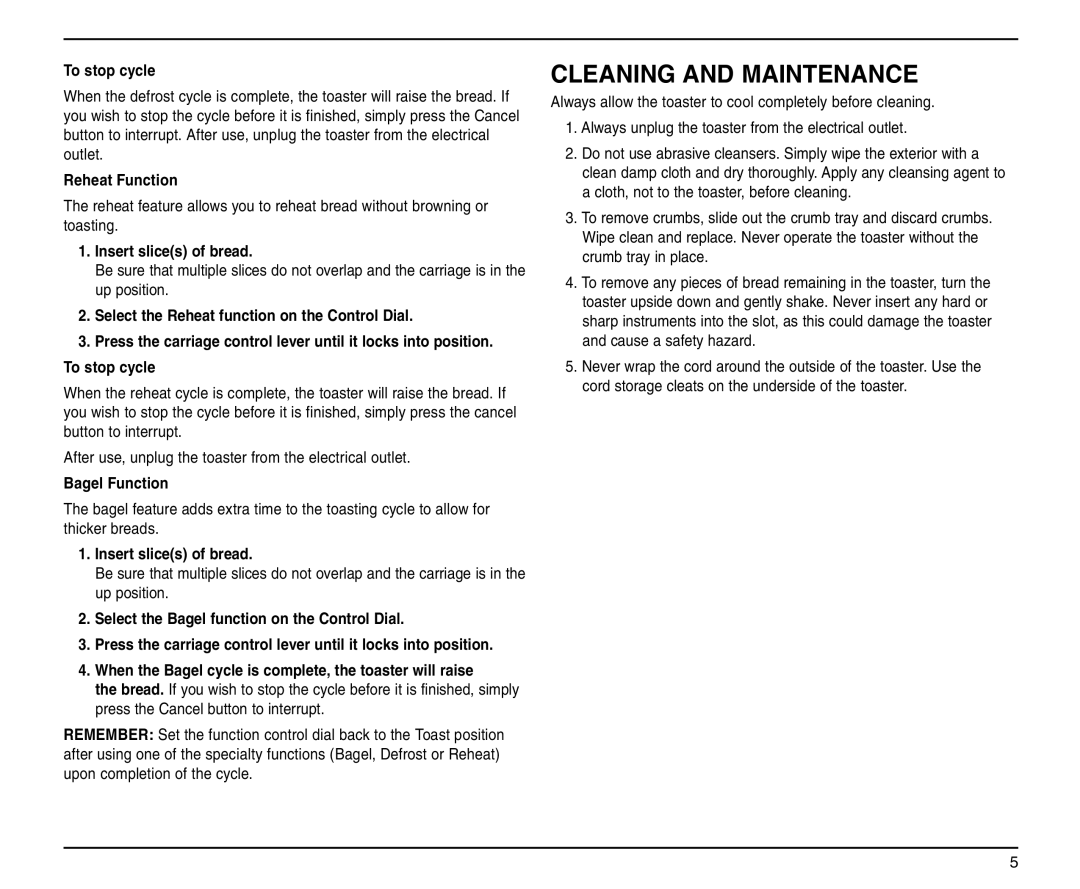 Cuisinart TAN-4C manual Cleaning and Maintenance, To stop cycle, Reheat Function, Bagel Function 