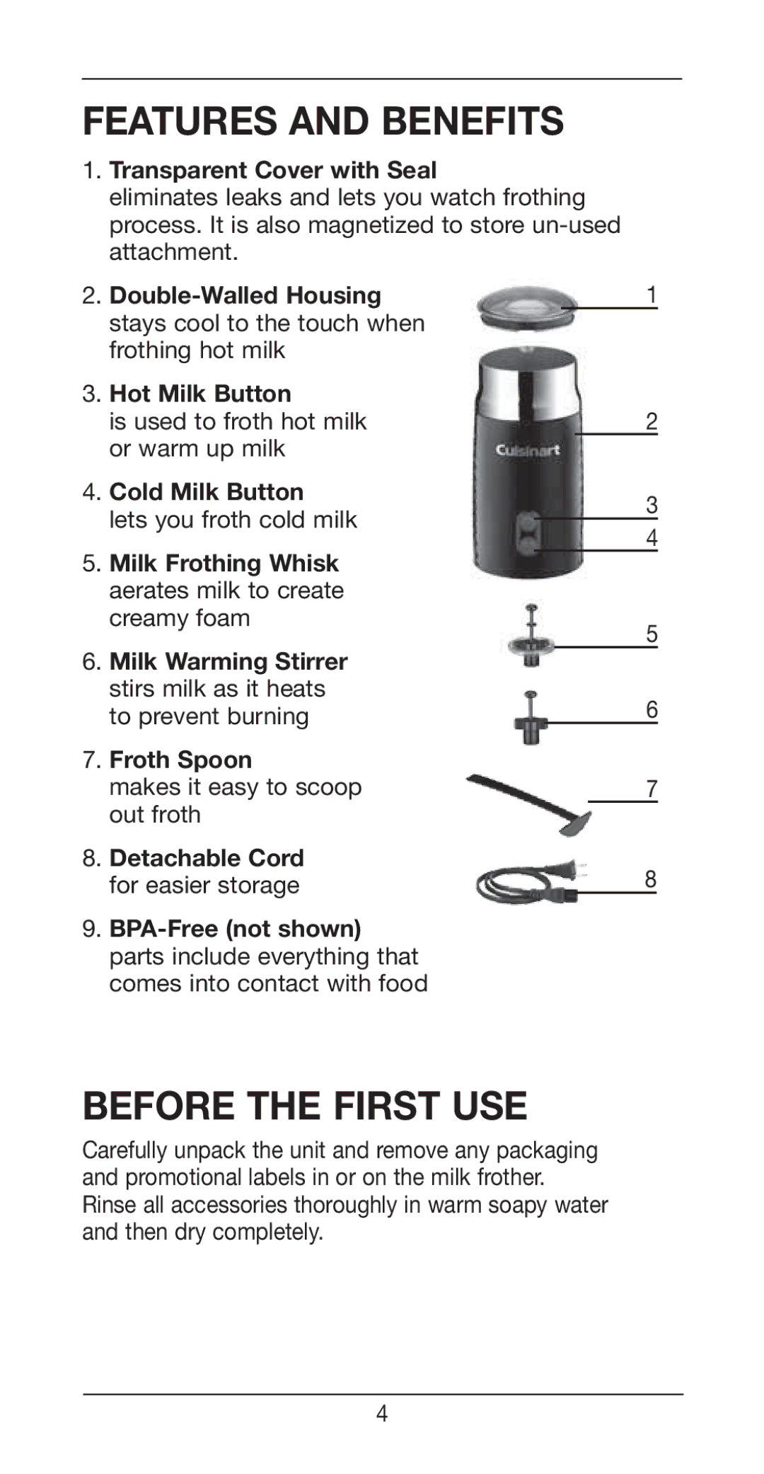 Cuisinart Tazzaccino Milk Frother, FR-10 manual Features and Benefits, Before the First USE 