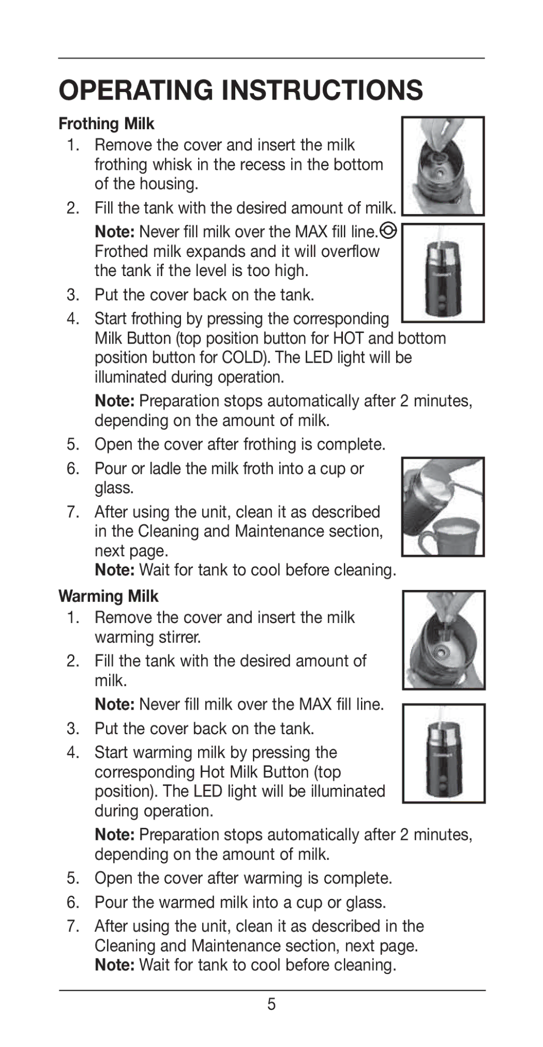 Cuisinart FR-10, Tazzaccino Milk Frother manual Operating Instructions, Frothing Milk, Warming Milk 