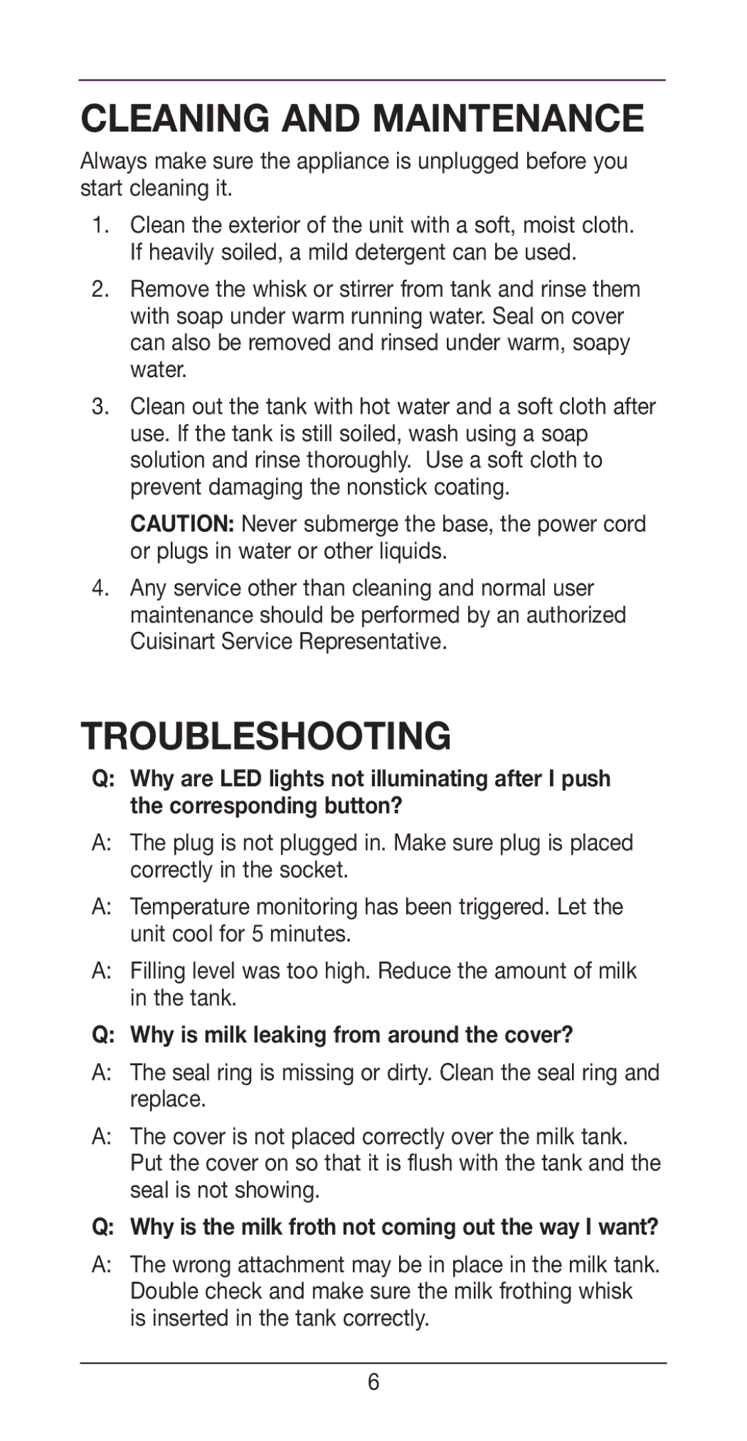 Cuisinart Tazzaccino Milk Frother Cleaning and Maintenance, Troubleshooting, Why is milk leaking from around the cover? 