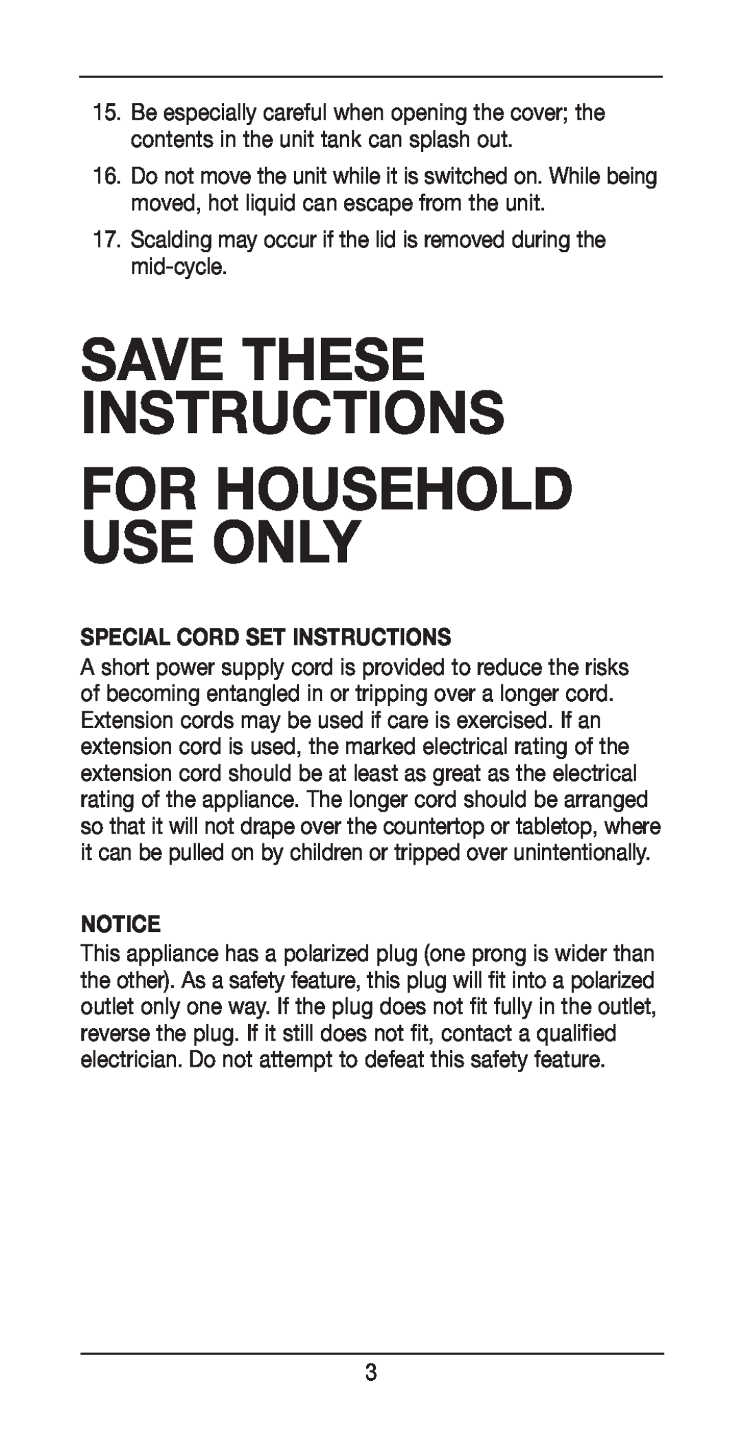 Cuisinart FR-10, Tazzaccino Milk Frother Special Cord Set Instructions, For Household Use Only, Save These Instructions 