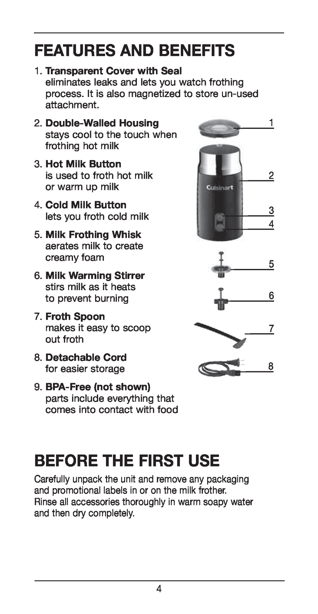 Cuisinart Tazzaccino Milk Frother Features And Benefits, Before The First Use, Transparent Cover with Seal, Froth Spoon 
