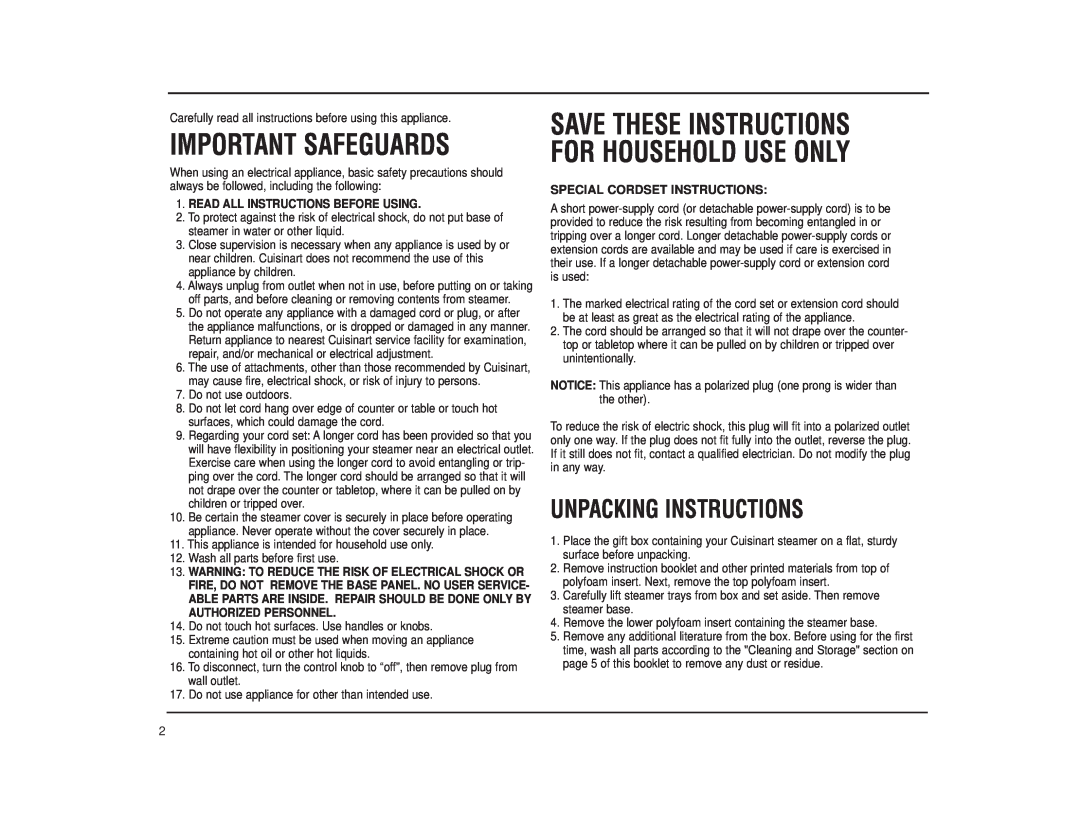 Cuisinart TCS-60 manual Unpacking Instructions, Important Safeguards, Save These Instructions For Household Use Only 