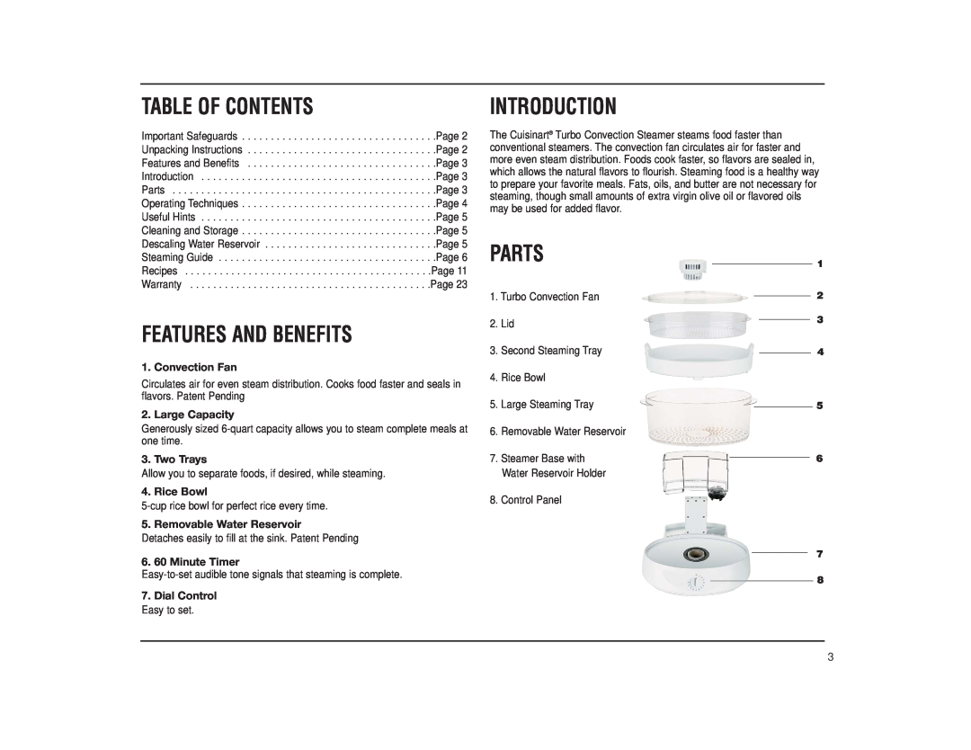 Cuisinart TCS-60 Table Of Contents, Features And Benefits, Introduction, Parts, cup rice bowl for perfect rice every time 