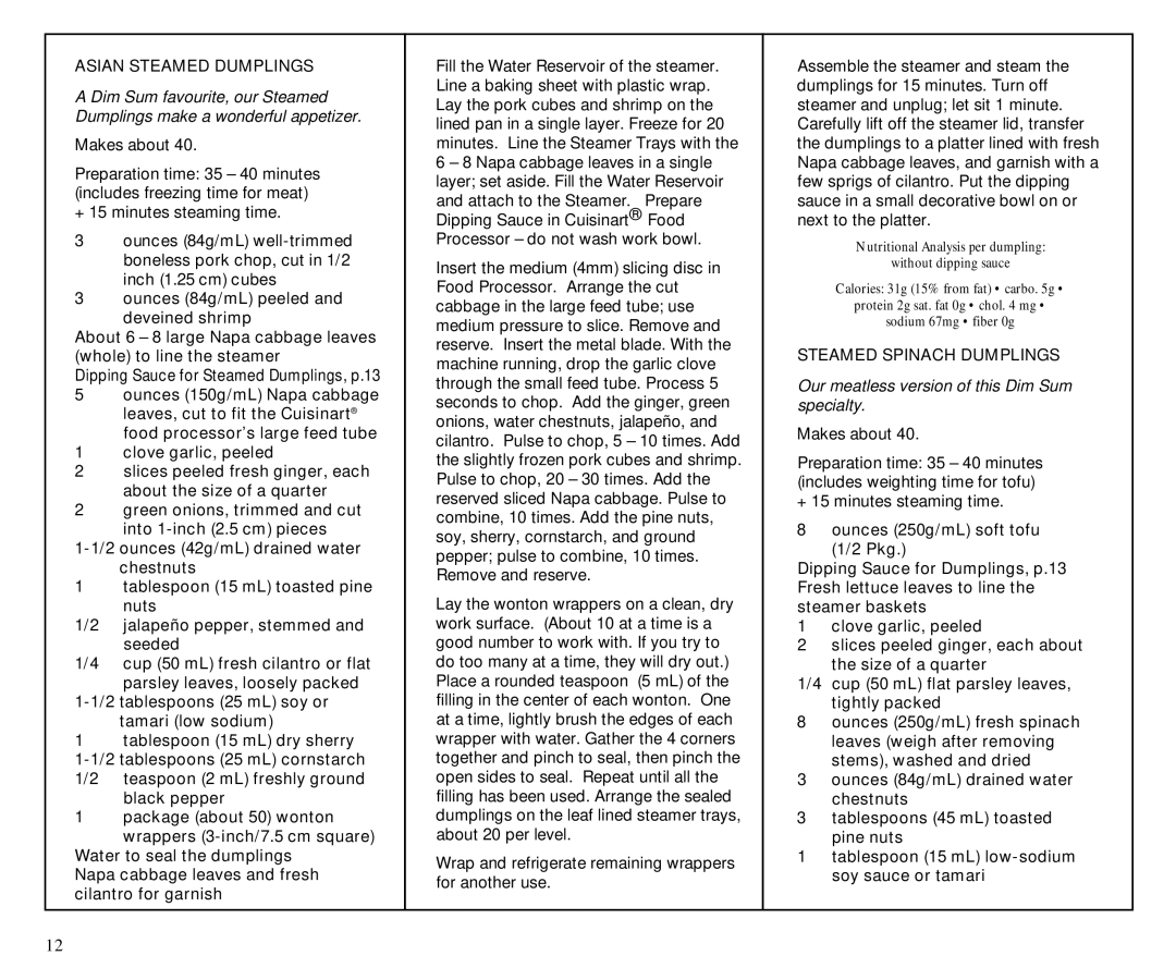 Cuisinart TCS-60C manual Asian Steamed Dumplings, Steamed Spinach Dumplings 