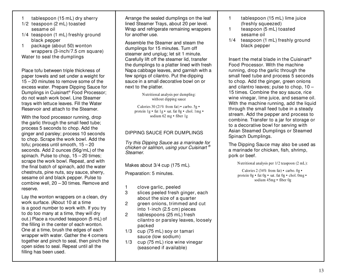 Cuisinart TCS-60C manual Dipping Sauce for Dumplings 