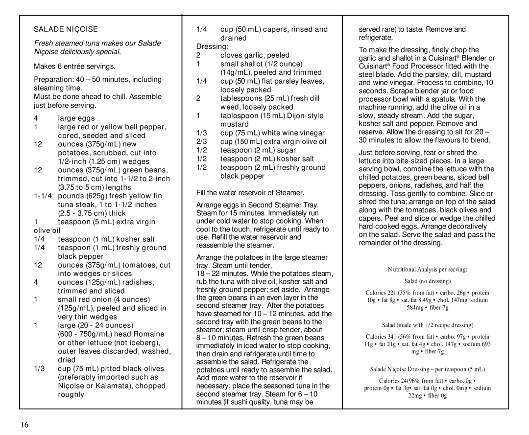 Cuisinart TCS-60C manual Salade Niçoise 