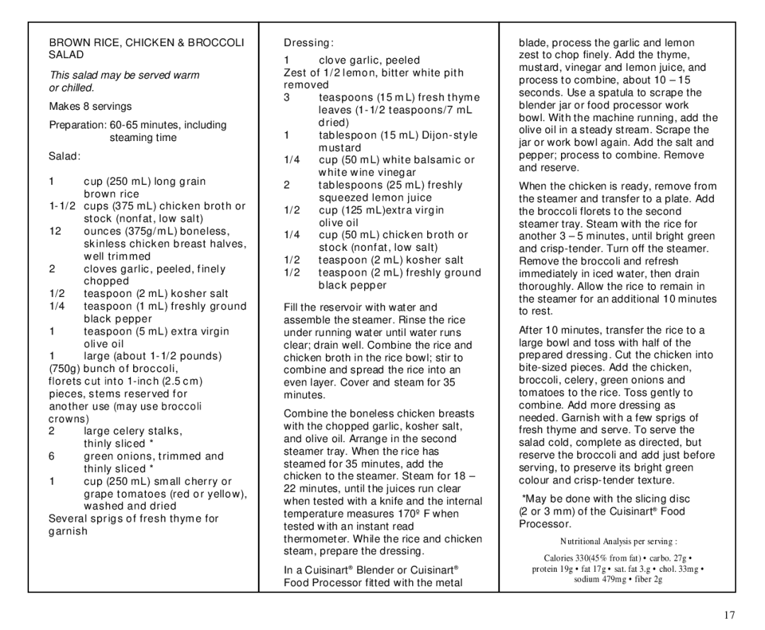 Cuisinart TCS-60C manual Brown RICE, Chicken & Broccoli Salad 