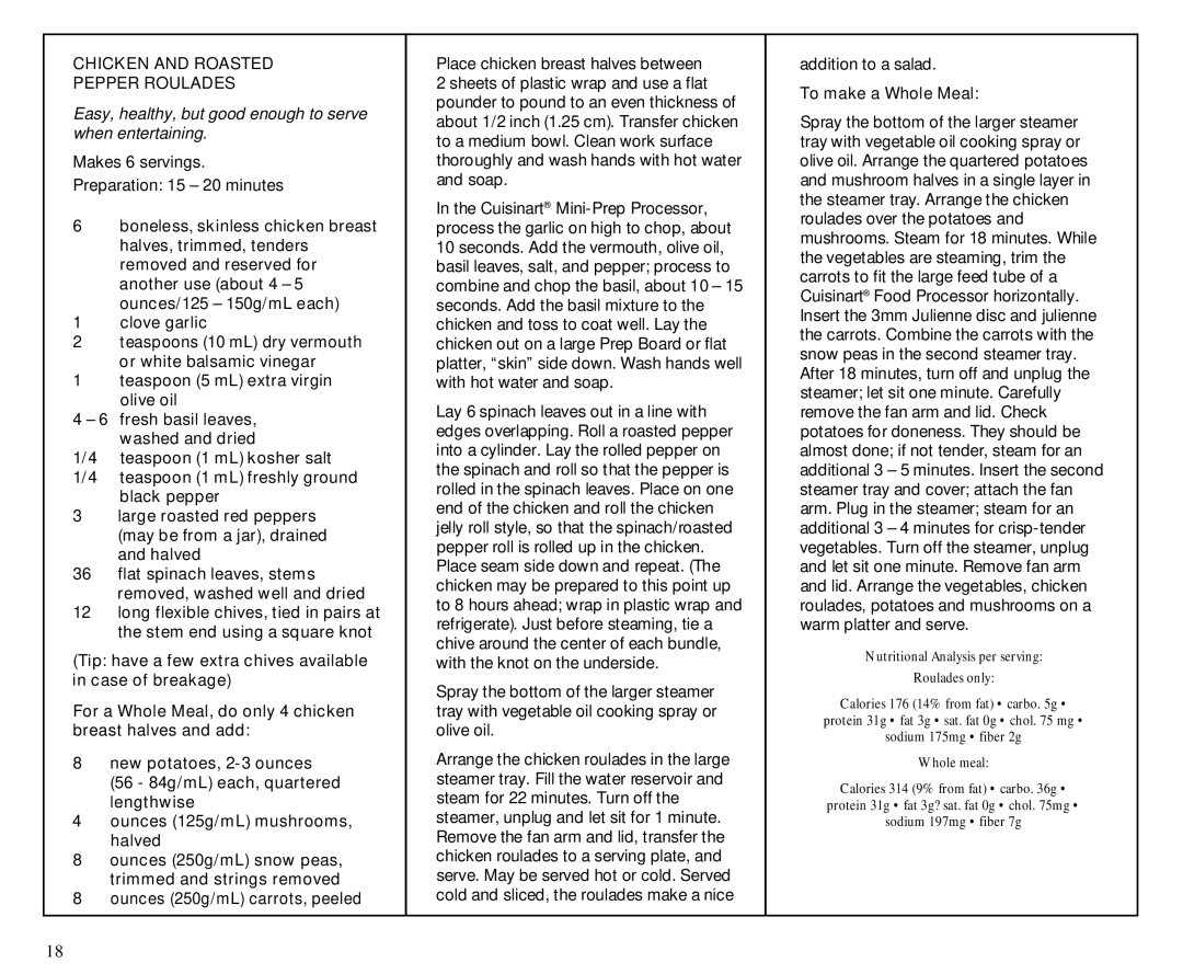 Cuisinart TCS-60C manual Chicken and Roasted Pepper Roulades, Ounces 250g/mL carrots, peeled 