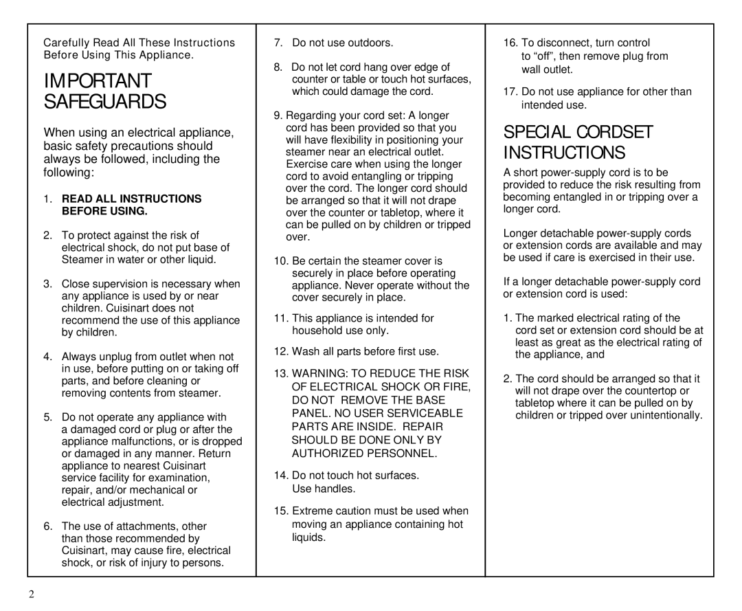 Cuisinart TCS-60C manual Safeguards, Special Cordset Instructions 