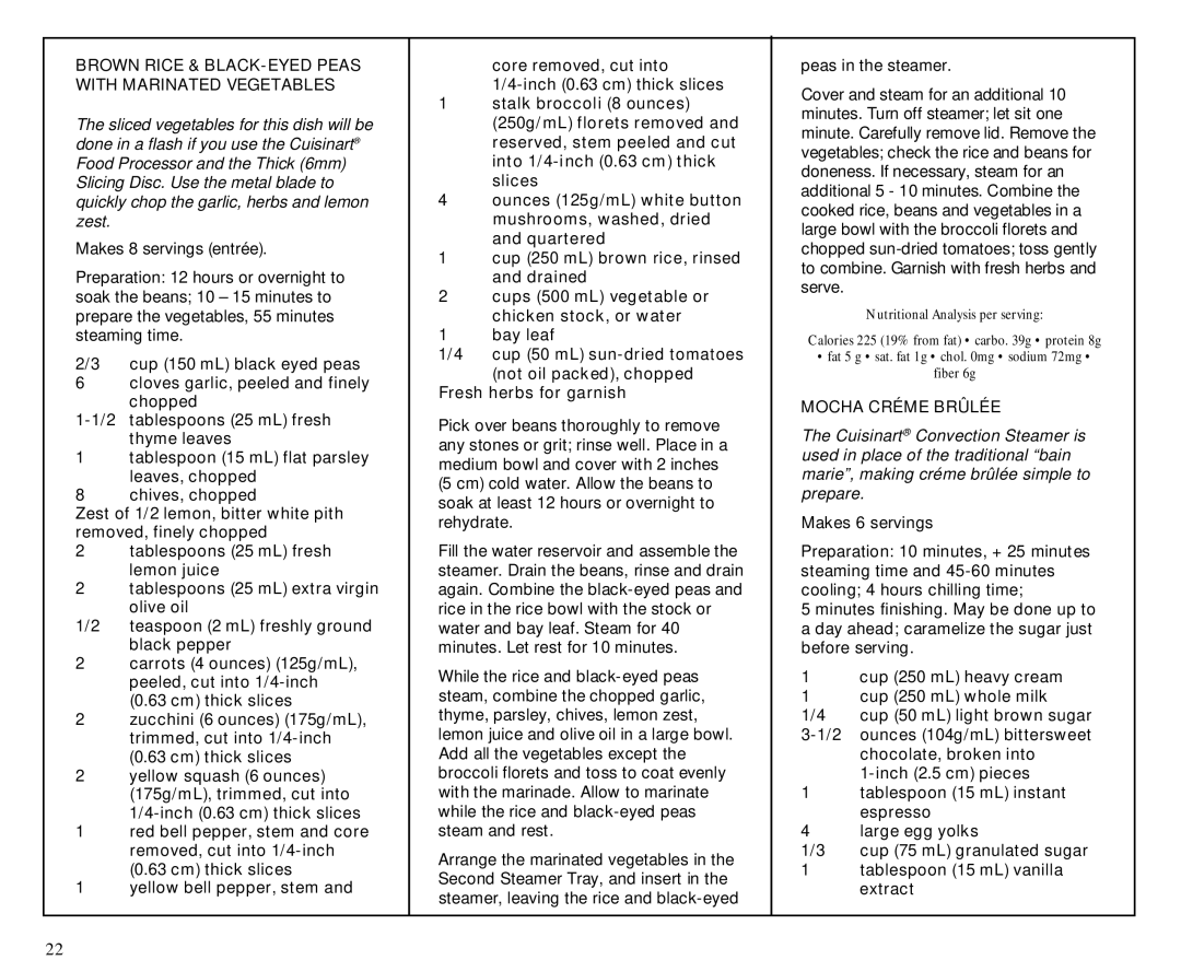 Cuisinart TCS-60C manual Brown Rice & BLACK-EYED Peas with Marinated Vegetables, Mocha Créme Brûlée 