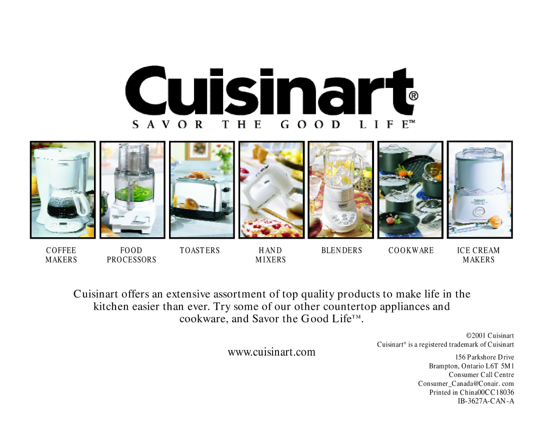 Cuisinart TCS-60C manual Coffee Food Toasters Hand Blenders Cookware ICE Cream Makers 