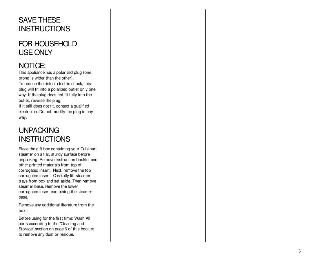 Cuisinart TCS-60C manual Save These Instructions For Household USE only, Unpacking Instructions 