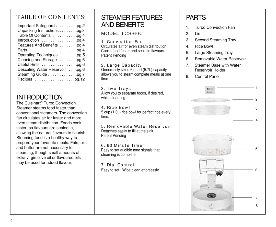 Cuisinart TCS-60C manual Introduction, Parts 