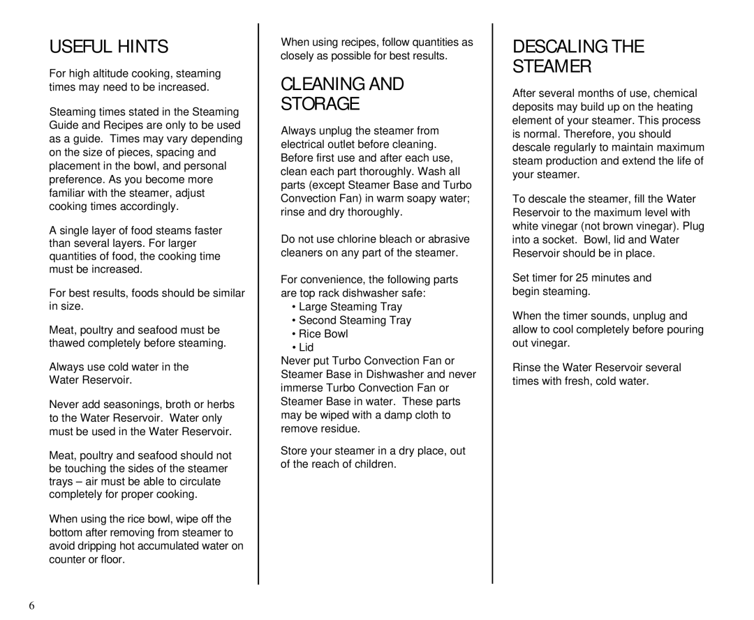 Cuisinart TCS-60C manual Useful Hints, Cleaning Storage, Descaling Steamer 