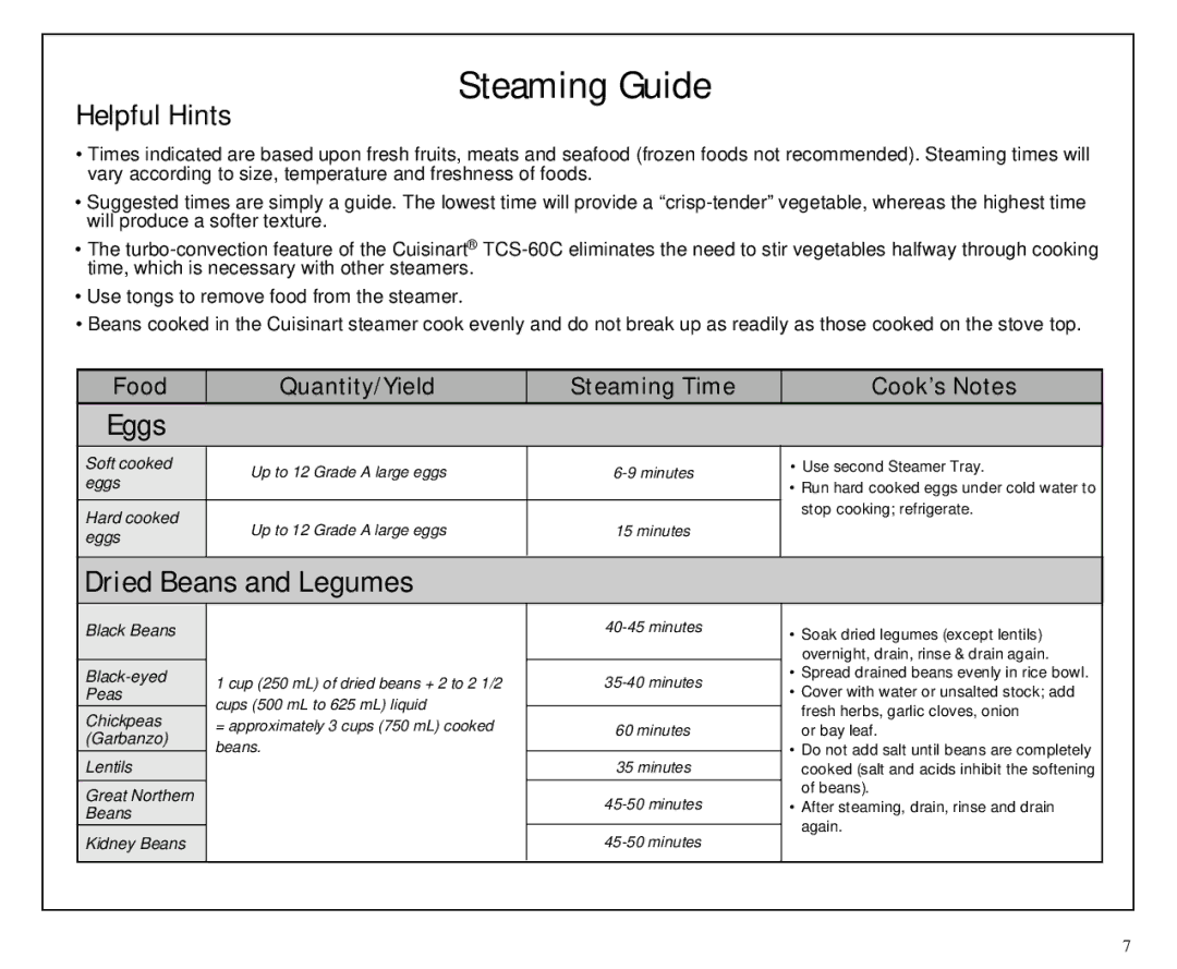 Cuisinart TCS-60C manual Steaming Guide 