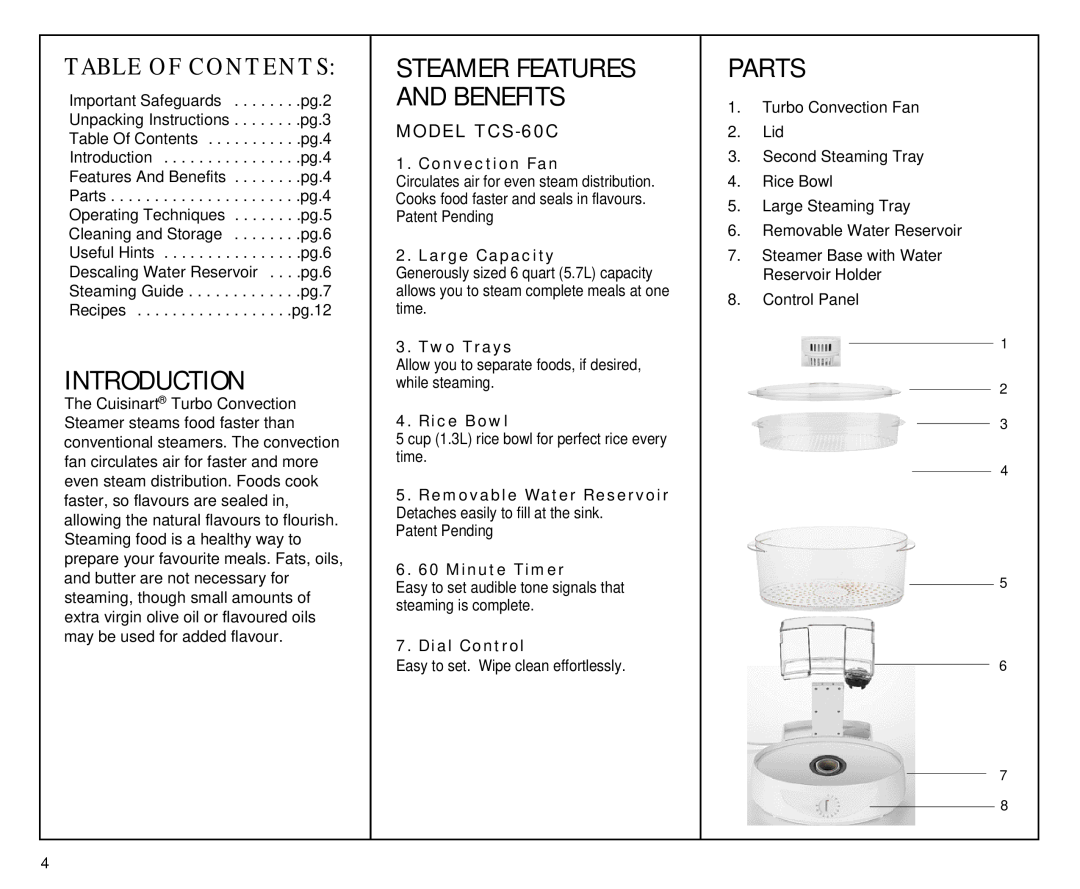 Cuisinart manual Introduction, Parts, Steamer Features And Benefits, Table Of Contents, MODEL TCS-60C, Convection Fan 