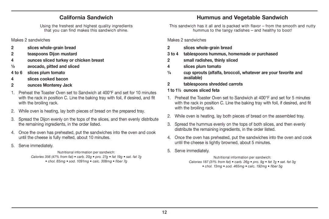 Cuisinart TOB-100 manual California Sandwich, Hummus and Vegetable Sandwich 