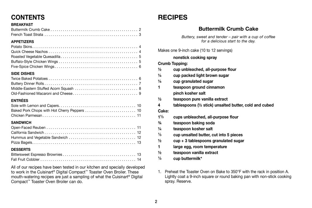 Cuisinart TOB-100 manual Contents 