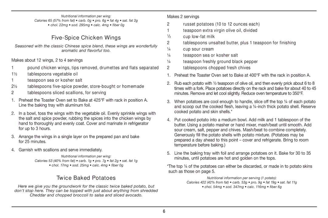 Cuisinart TOB-100 manual Five-Spice Chicken Wings, Twice Baked Potatoes, Makes 2 servings 