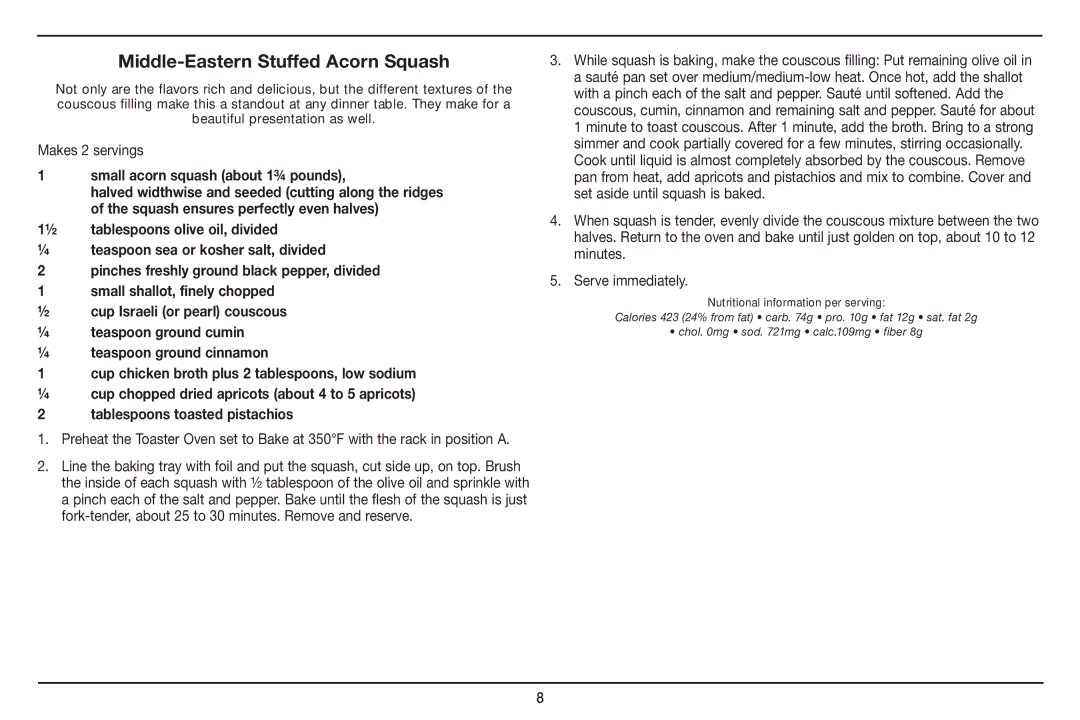 Cuisinart TOB-100 manual Middle-Eastern Stuffed Acorn Squash, Small acorn squash about 1¾ pounds 