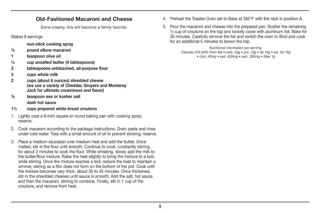 Cuisinart TOB-100 manual Old-Fashioned Macaroni and Cheese, Makes 8 servings 