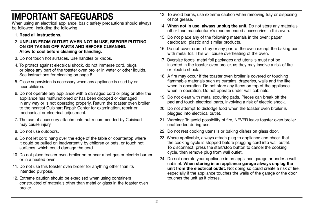 Cuisinart TOB-100 manual Important Safeguards 