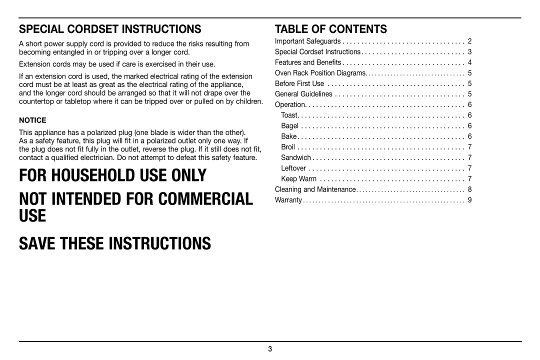 Cuisinart TOB-100 manual Special Cordset Instructions, Table of Contents 