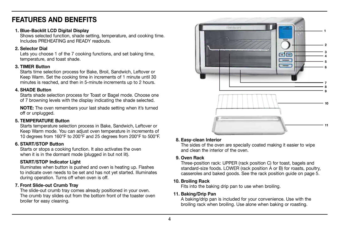 Cuisinart TOB-100 manual Features and Benefits 