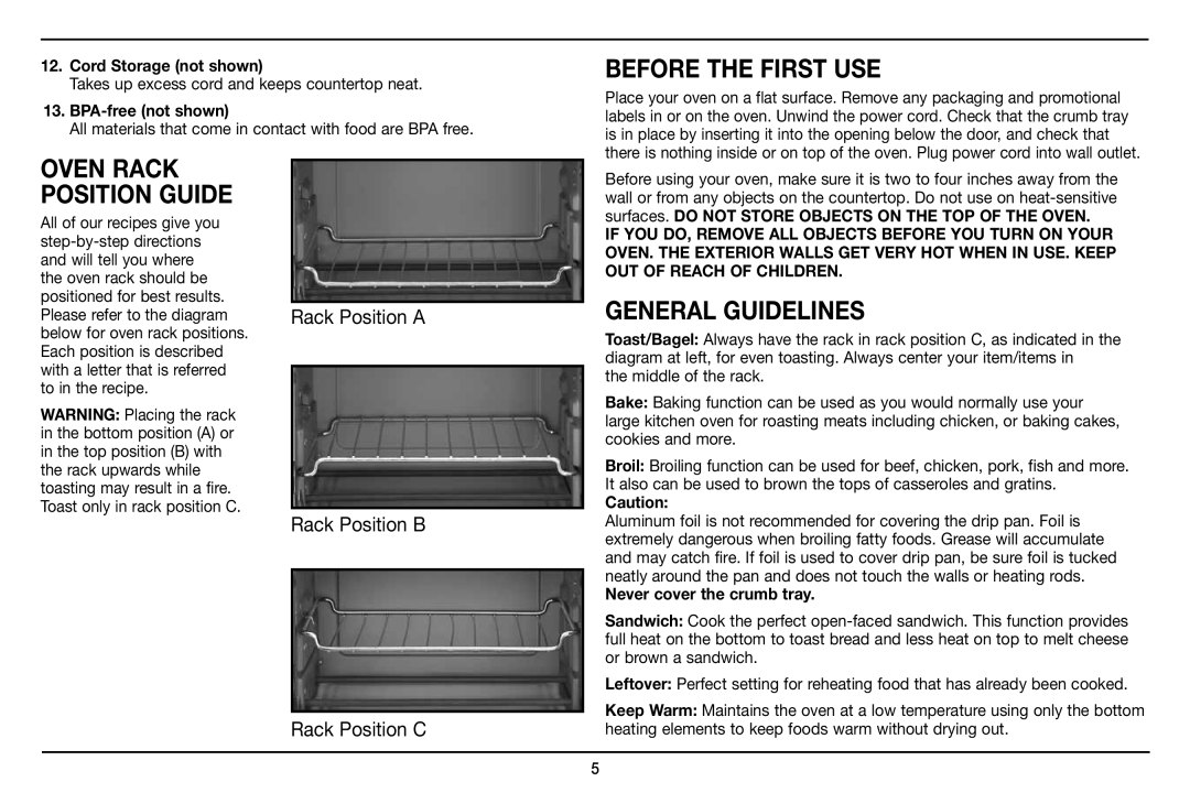 Cuisinart TOB-100 manual Before the First USE, General Guidelines, Cord Storage not shown, BPA-free not shown 